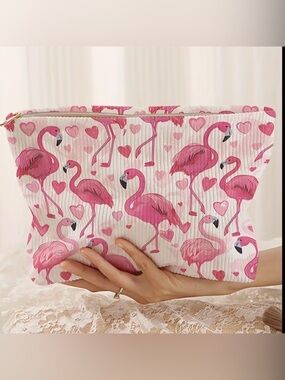 NEW Flamingo Print Corduroy Makeup Bag Pink Travel Cosmetic Pouch Zip Cute